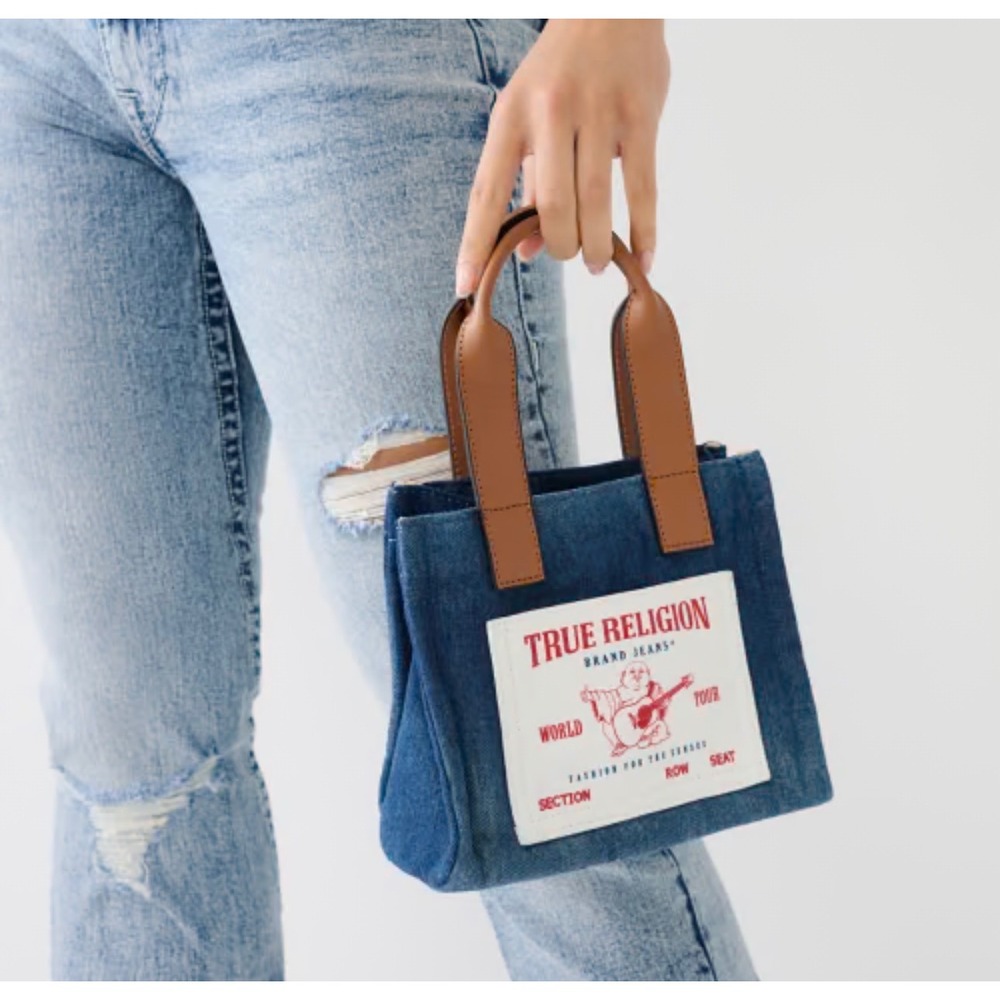 True Religion Denim Mini Tote Bag Blue World Tour Buddha Crossbody Handbag y2k